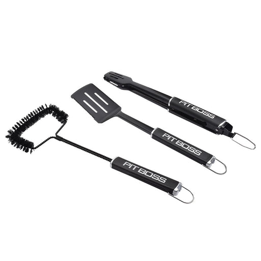 Black Pit Boss BBQ tools set: brush, spatula, and tongs.