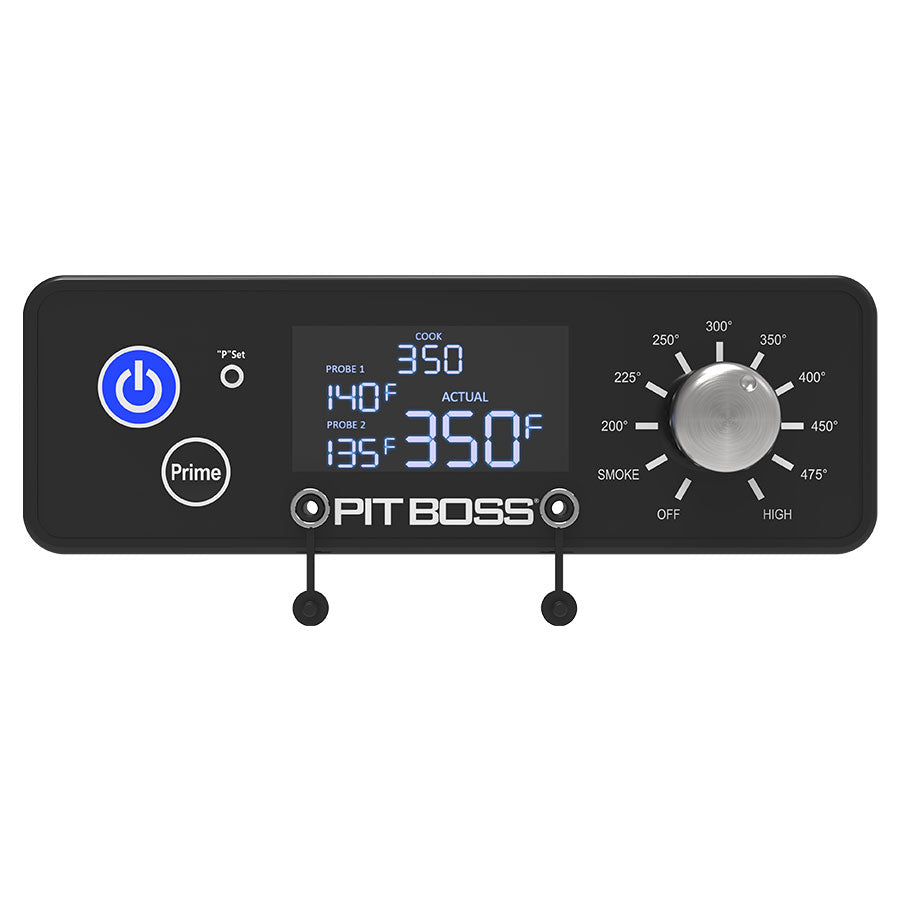Black Pit Boss digital smoker controller with temperature display and control knob.