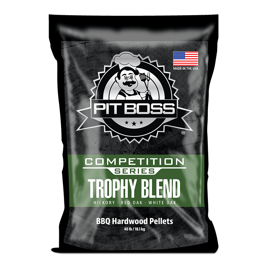 Pit Boss Trophy Blend BBQ Hardwood Pellets, 40 lb bag. Competition Series, hickory, red oak, white oak. Made in the USA.