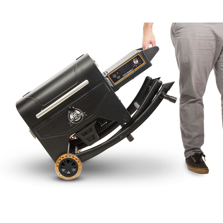 Portable black pellet grill with wheels, easy to transport, compact design, silver handle, and digital control panel.