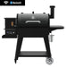 Black pellet grill with Bluetooth and Wi-Fi, side hopper, control panel, sturdy legs, and a metal bucket for grease.