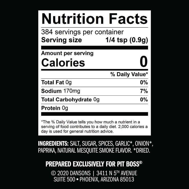 Nutrition facts label for seasoning blend with 0 calories, 170mg sodium, and ingredients including salt, sugar, spices.