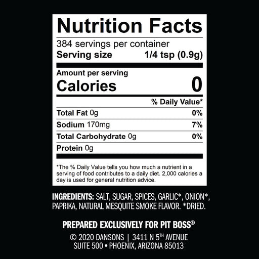 Nutrition facts label for seasoning blend with 0 calories, 170mg sodium, and ingredients including salt, sugar, spices.
