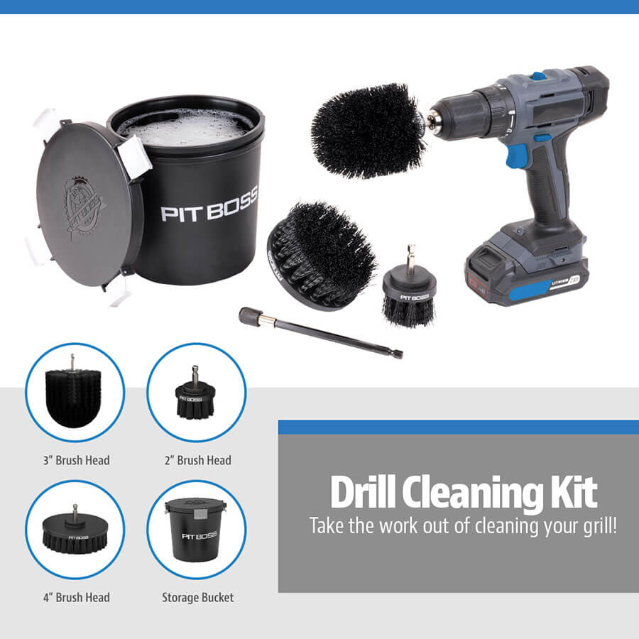Pit Boss Drill Cleaning Kit with 3, 2, and 4-inch brush heads and storage bucket.