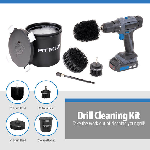 Pit Boss Drill Cleaning Kit with 3, 2, and 4-inch brush heads and storage bucket.