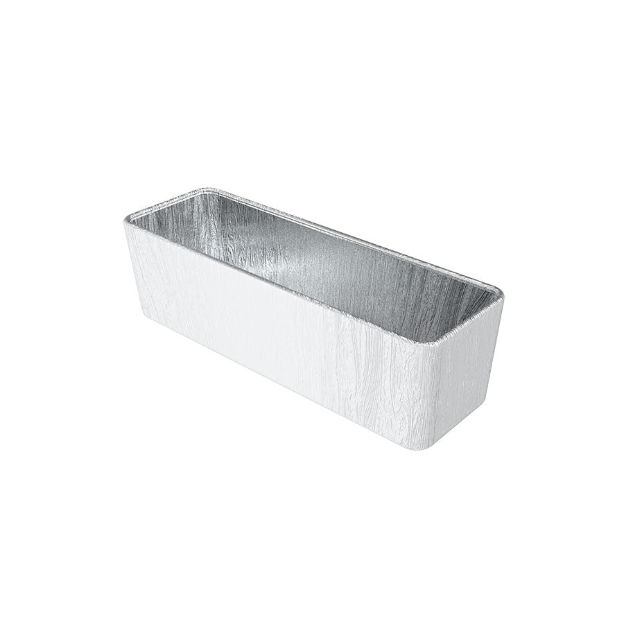 Silver rectangular aluminum loaf pan.