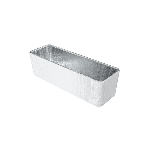 Silver rectangular aluminum loaf pan.