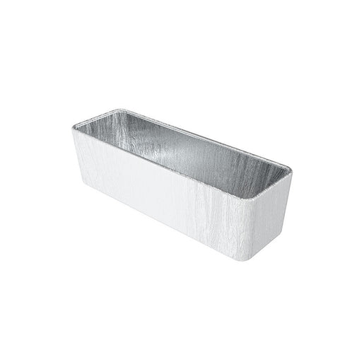 Silver rectangular aluminum loaf pan.