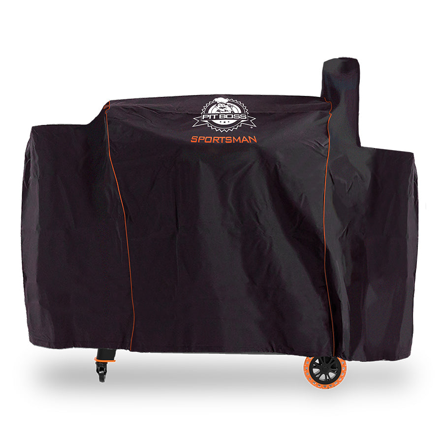 Black Sportsman grill cover with orange trim and wheels.