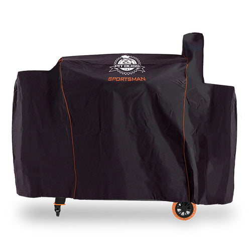 Black Sportsman grill cover with orange trim and wheels.
