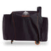 Black Sportsman grill cover with orange trim and wheels.