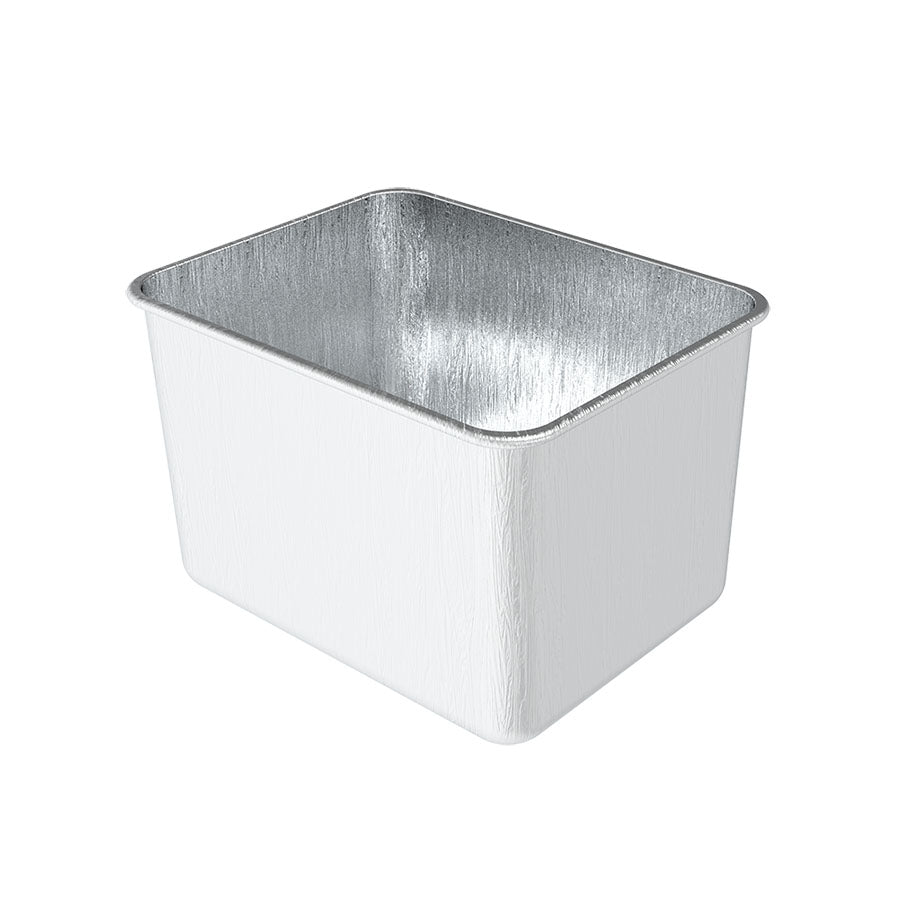 Rectangular disposable aluminum foil baking pan, silver inside, white outside, with rounded corners.