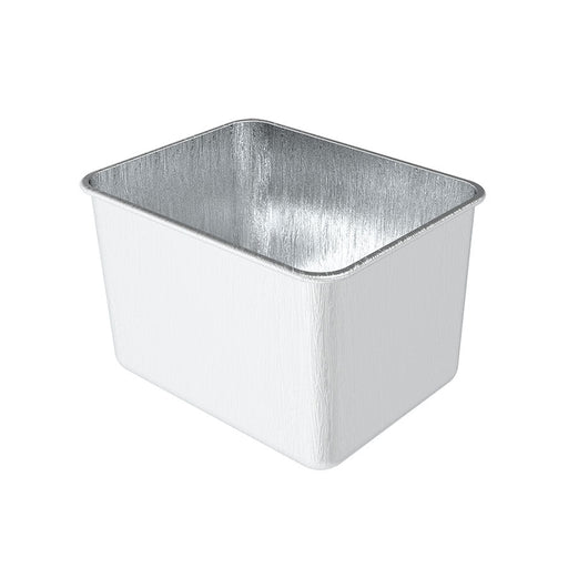 Rectangular disposable aluminum foil baking pan, silver inside, white outside, with rounded corners.