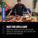 Chef stands behind smoked meats and sides, promoting 100% hickory wood for low and slow BBQ, ideal for beef, pork, and pou...