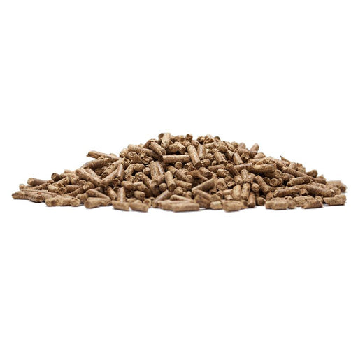 Pile of small, brown wood pellets on a white background, used for fuel or animal bedding.