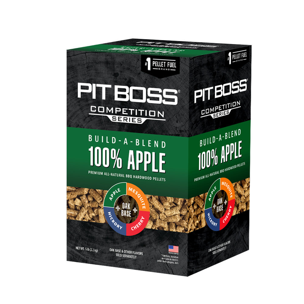 Pit Boss Competition Series 100% Apple BBQ hardwood pellets, 5 lb box. Green and black packaging with wood pellet image.