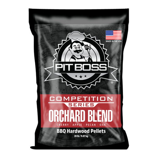 Pit Boss Orchard Blend BBQ Hardwood Pellets, 20 lb bag. Cherry, apple, pecan, oak mix. Black and red packaging.