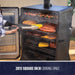 Large black vertical smoker with open door, showing multiple racks of food; labeled 2015 square inch cooking space.