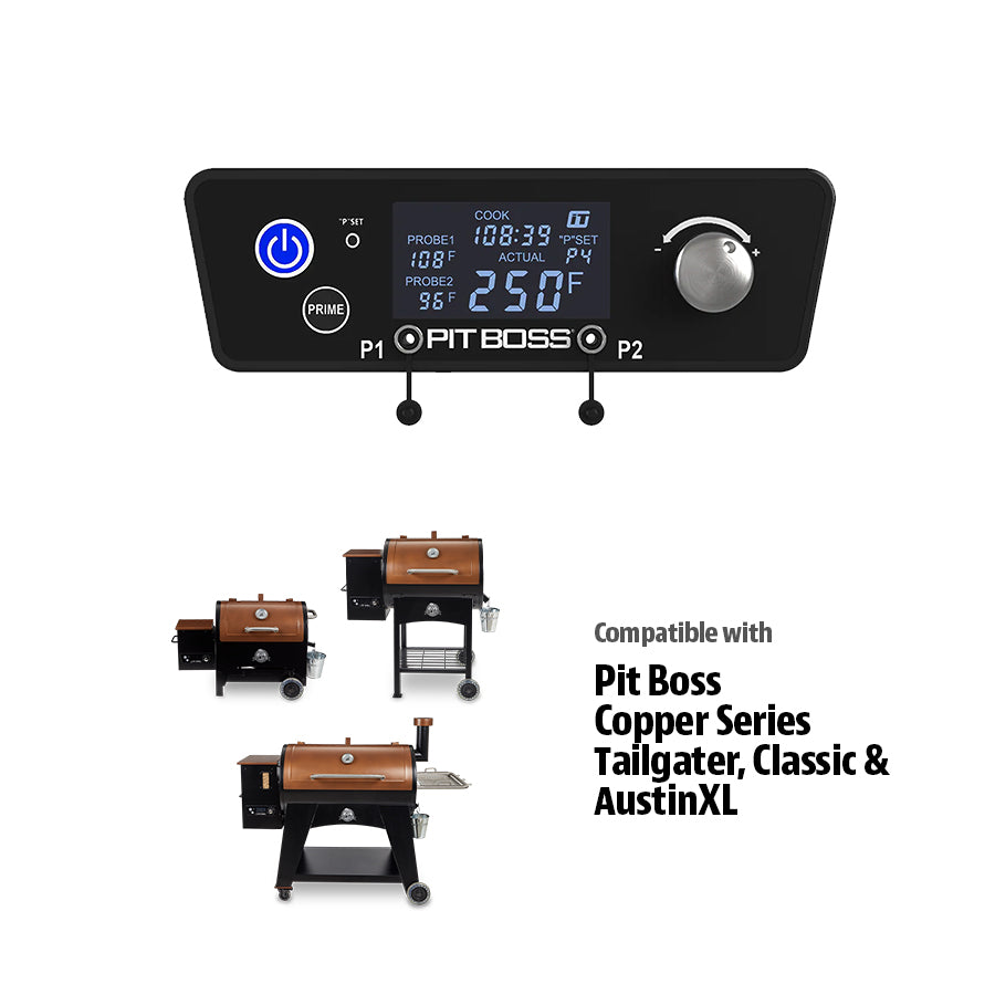 Black Pit Boss digital controller with temperature and probe settings, compatible with Copper Series Tailgater, Classic.