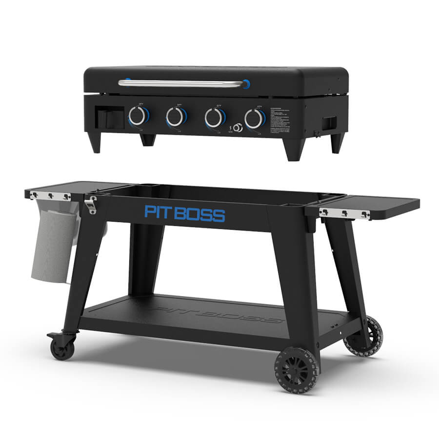Pit Boss outdoor griddle with 4 control knobs, black wheeled cart, side shelves, and towel holder.