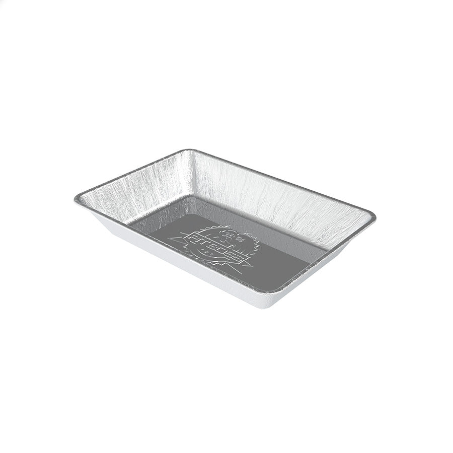 Silver aluminum baking pan with embossed logo.