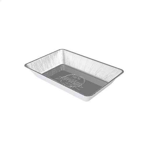 Silver aluminum baking pan with embossed logo.