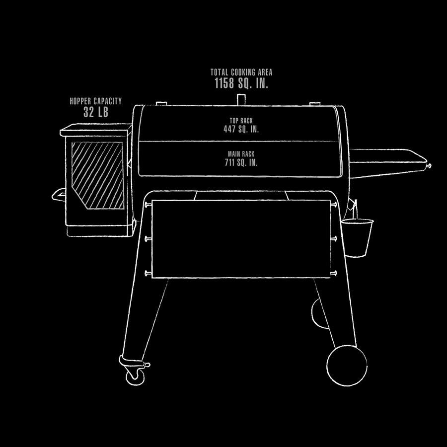 White line drawing of a smoker with hopper capacity of 32 lbs and total cooking area of 1158 sq. in.