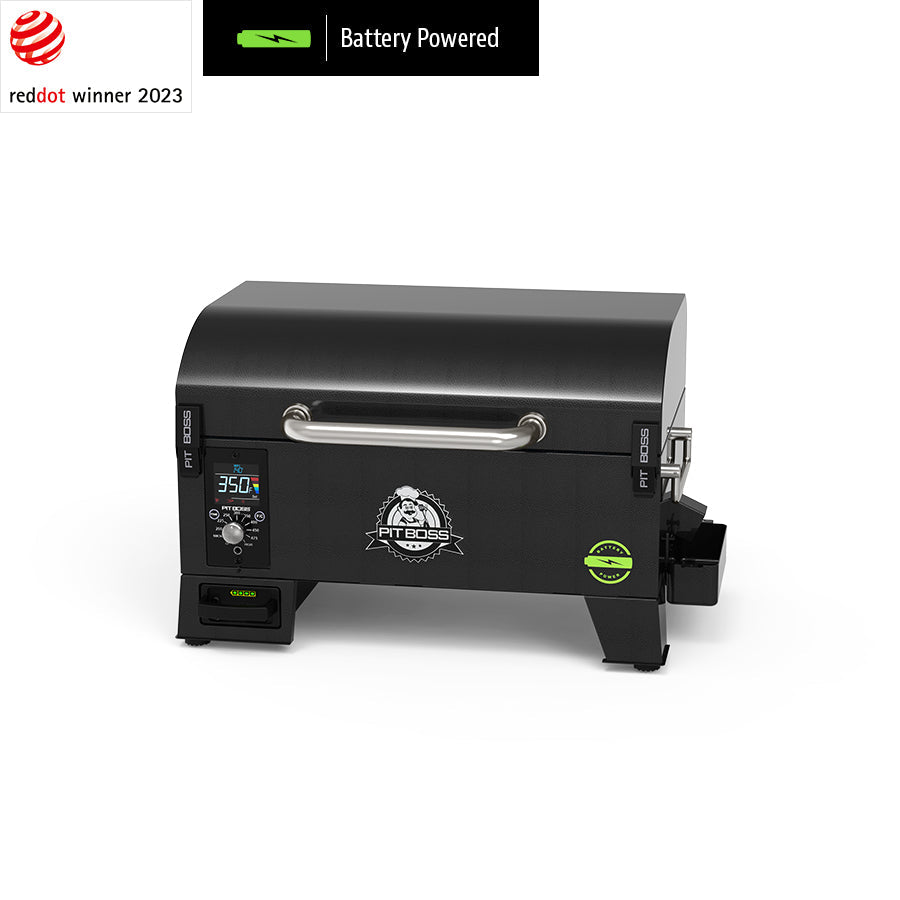 Compact black Pit Boss pellet grill, battery powered, digital display, stainless handle, Red Dot Award 2023 winner.
