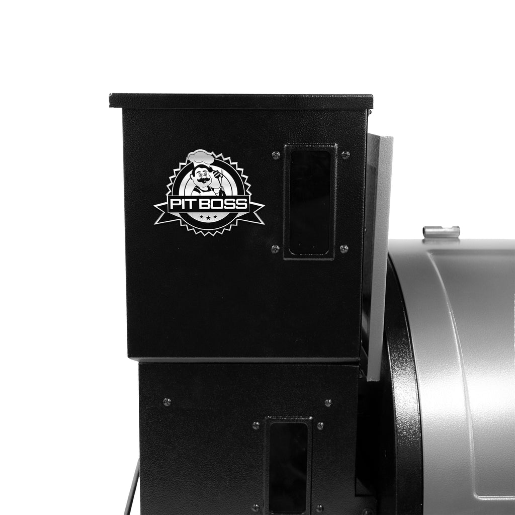 Black Pit Boss pellet hopper with logo, clear pellet viewing windows, attached to a grill. Durable metal construction.