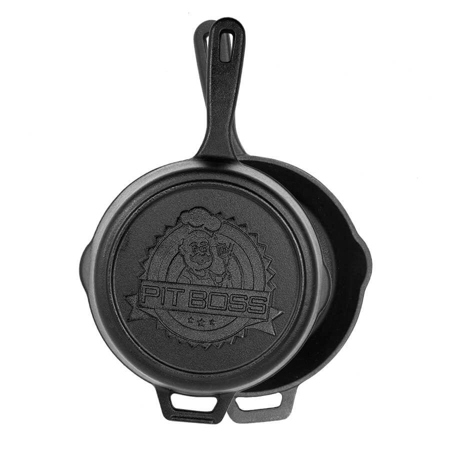 Black Pit Boss cast iron skillet with logo and handles.