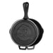 Black Pit Boss cast iron skillet with logo and handles.