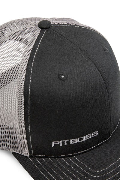 Black and gray mesh-back trucker hat with "Pit Boss" logo.