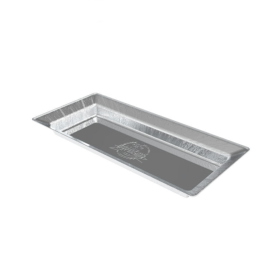 Silver disposable aluminum baking pan with textured surface and branding.