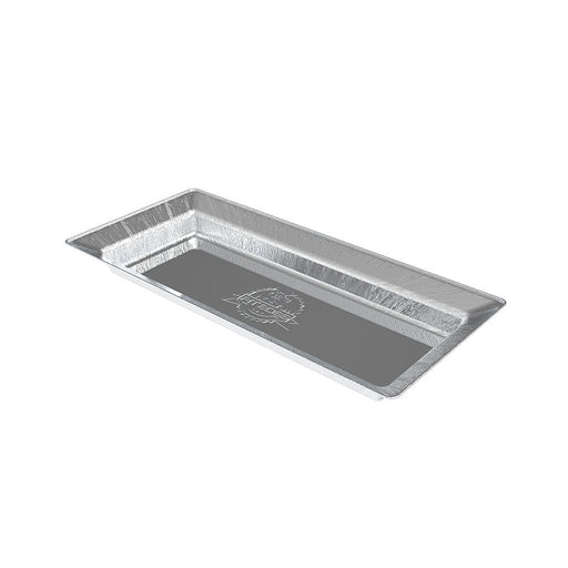Silver disposable aluminum baking pan with textured surface and branding.