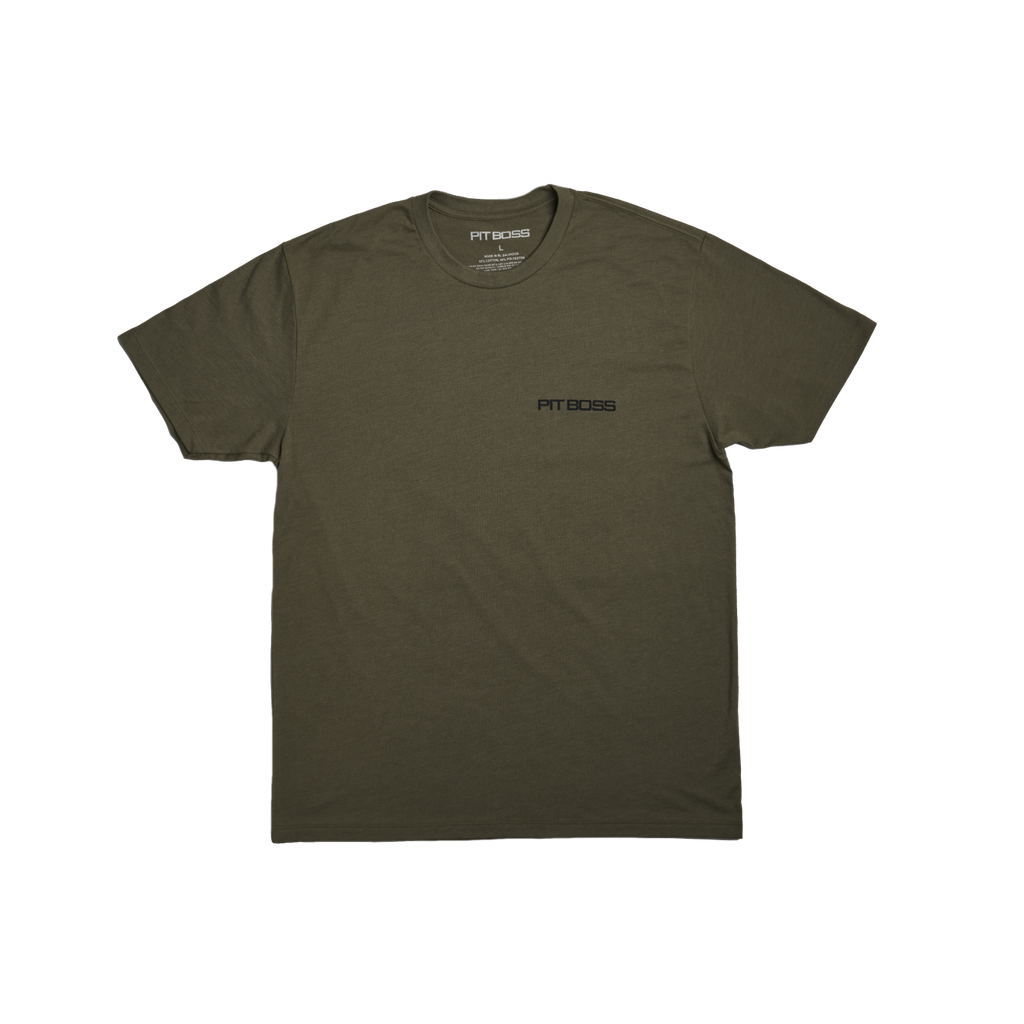 Dark green Pit Boss t-shirt with small logo on chest.