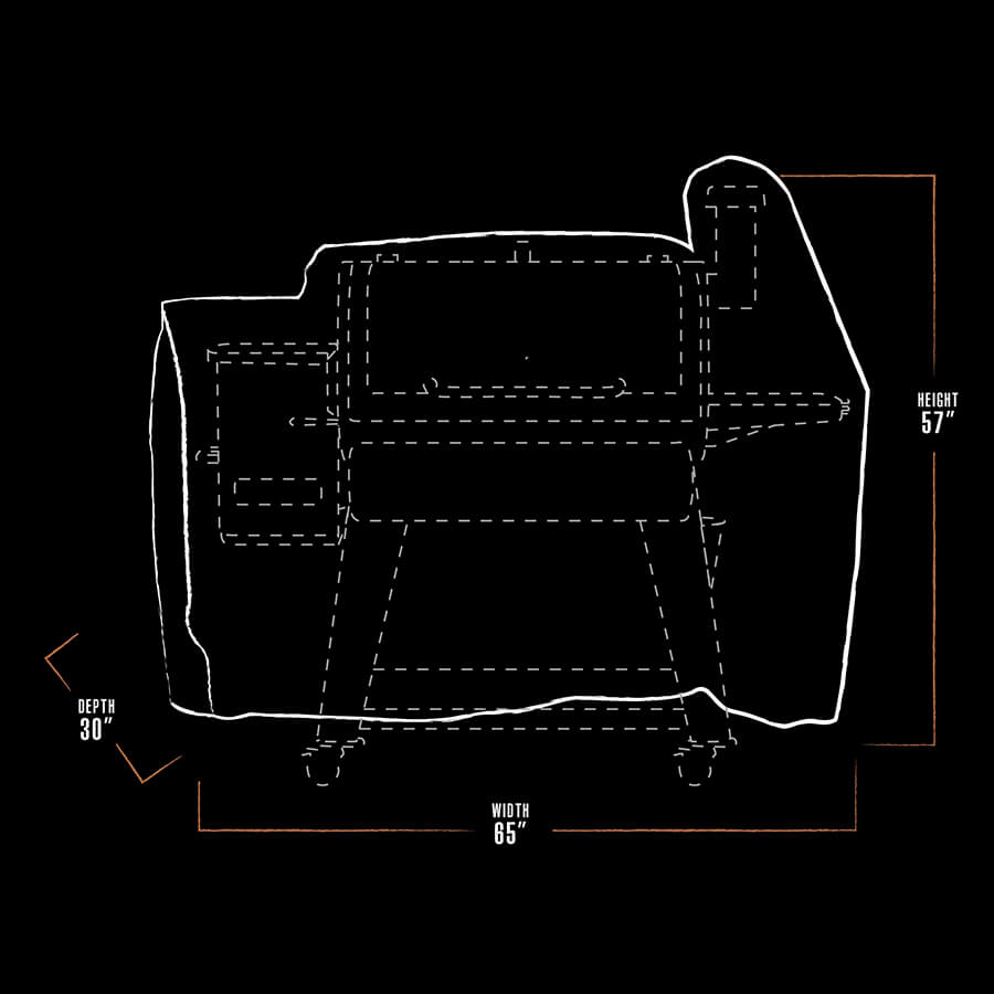 White outline of a rectangular outdoor furniture piece with dimensions: 65" width, 30" depth, 57" height.