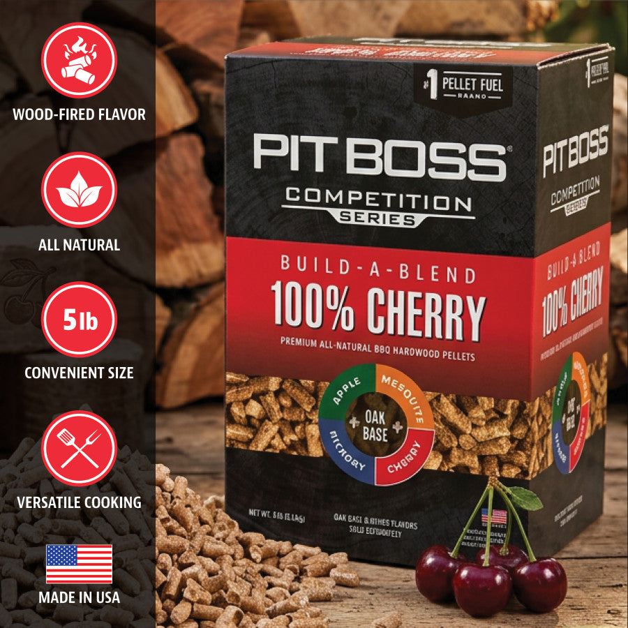 Pit Boss 100% Cherry BBQ hardwood pellets, 5 lb box. All-natural, wood-fired flavor, versatile, made in USA.