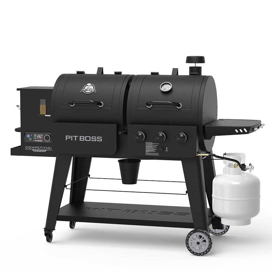 Black Pit Boss Competition Series pellet grill with propane tank attachment.