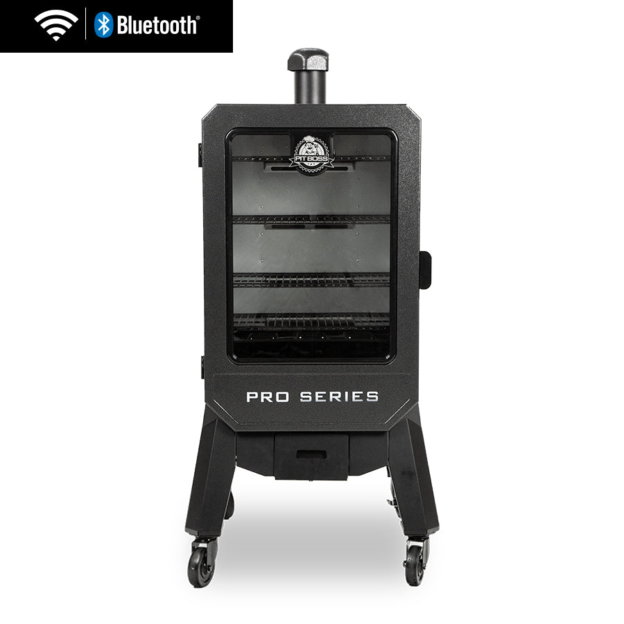 Black Pit Boss Pro Series smoker with Bluetooth connectivity.