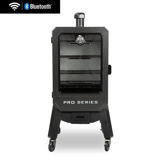 Black Pit Boss Pro Series smoker with Bluetooth connectivity.