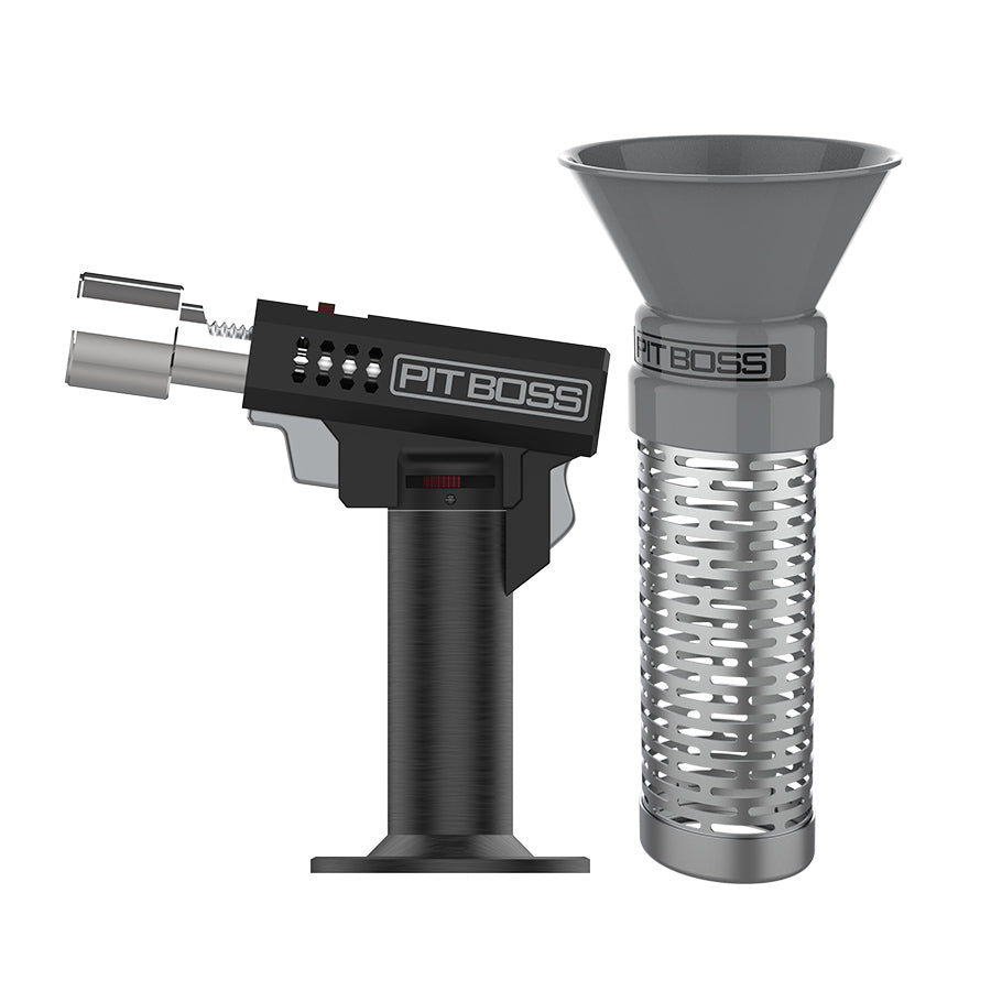Black Pit Boss torch with silver perforated chimney accessory.