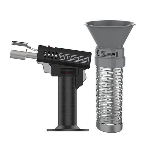 Black Pit Boss torch with silver perforated chimney accessory.
