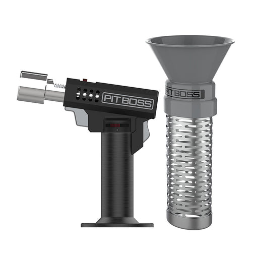 Black Pit Boss torch with silver perforated chimney accessory.