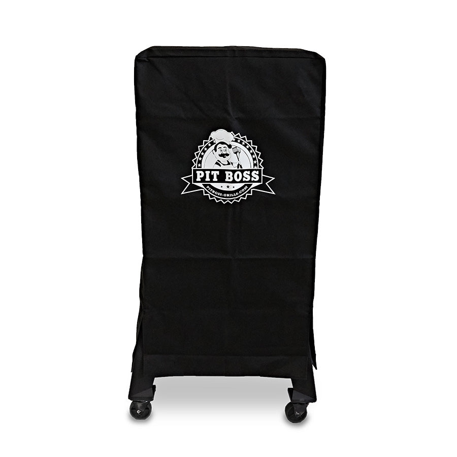 Black Pit Boss grill cover with wheels and logo.