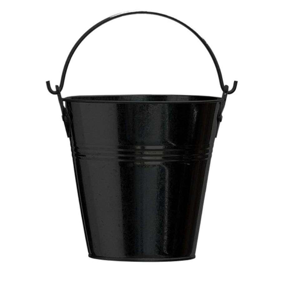 Black metal bucket with handle and hooks.
