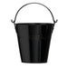 Black metal bucket with handle and hooks.