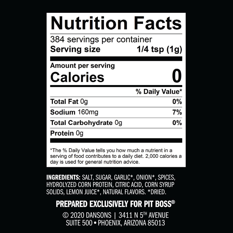 Nutrition facts label for seasoning blend with 0 calories, 160mg sodium, and ingredients like salt, sugar, garlic, onion.