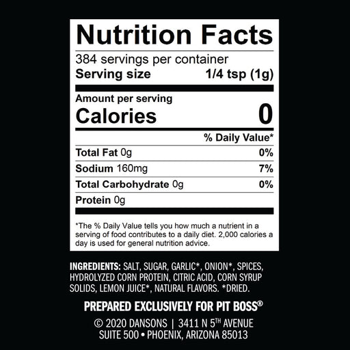 Nutrition facts label for seasoning blend with 0 calories, 160mg sodium, and ingredients like salt, sugar, garlic, onion.