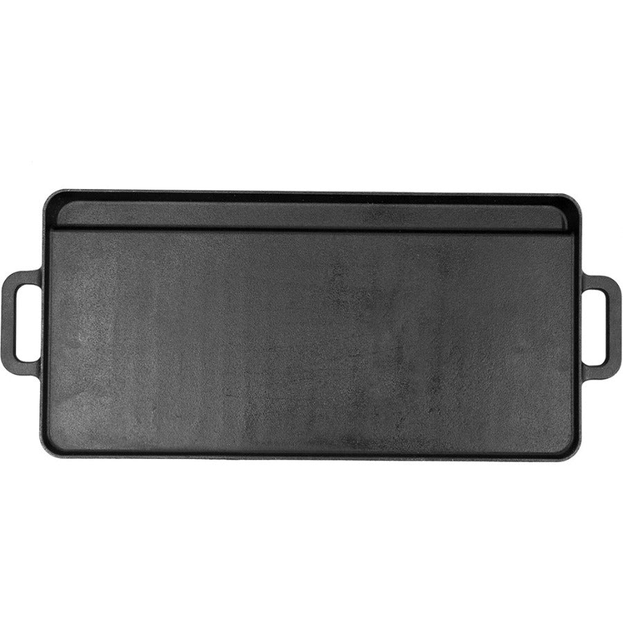 Black rectangular cast iron griddle with side handles.