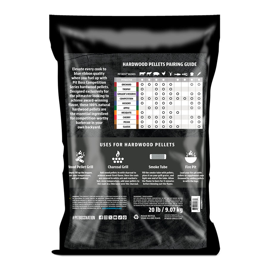 20 lb bag of Pit Boss Competition Series hardwood pellets; black bag with pairing guide and grilling instructions on back.